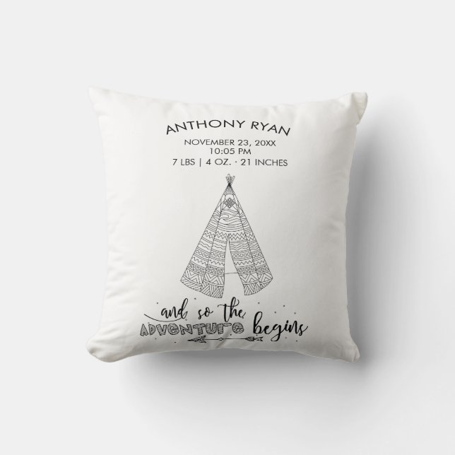Adventure fängt Teepee Baby Birth Stats Pillow Kissen (Vorderseite)