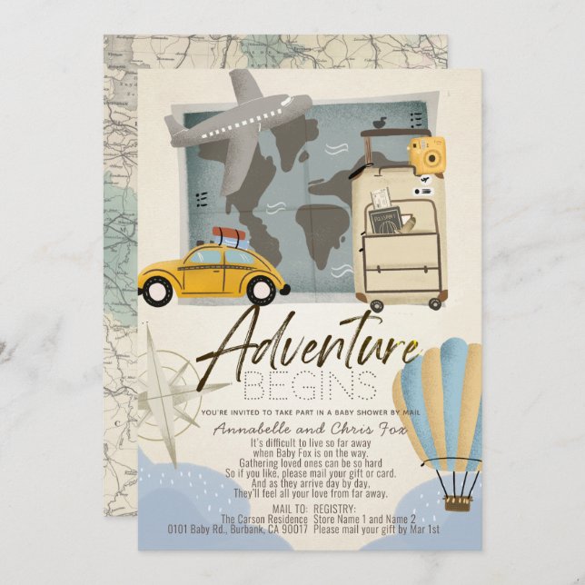 Adventure fängt Travel Map Baby Shower by Mail an Einladung (Vorne/Hinten)