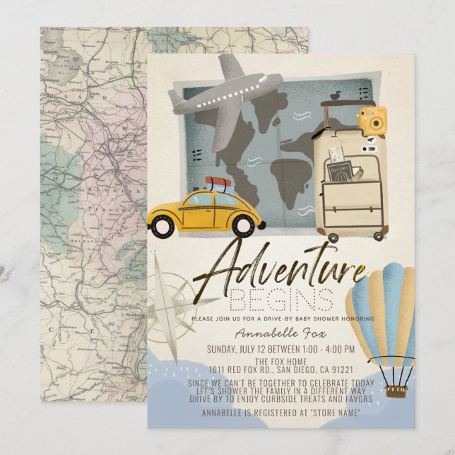 Adventure fängt Travel Map Drive by Baby Shower an Einladung (Vorne/Hinten)