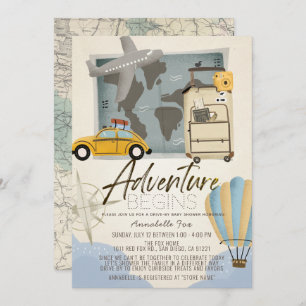 Adventure fängt Travel Map Drive by Baby Shower an Einladung