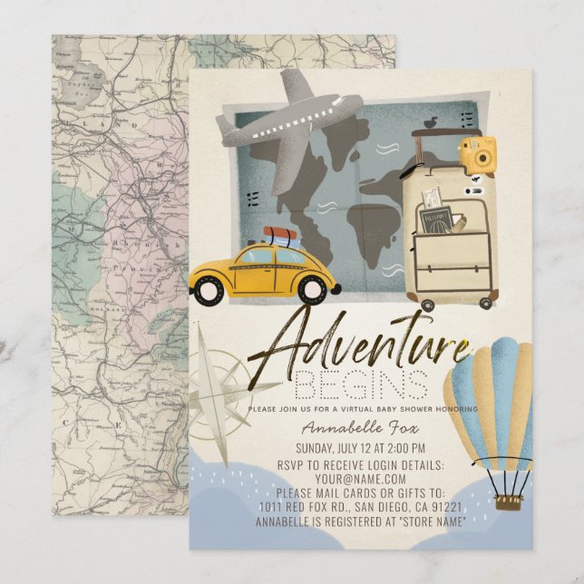 Adventure fängt Travel Map Virtual Baby Shower an Einladung (Vorne/Hinten)
