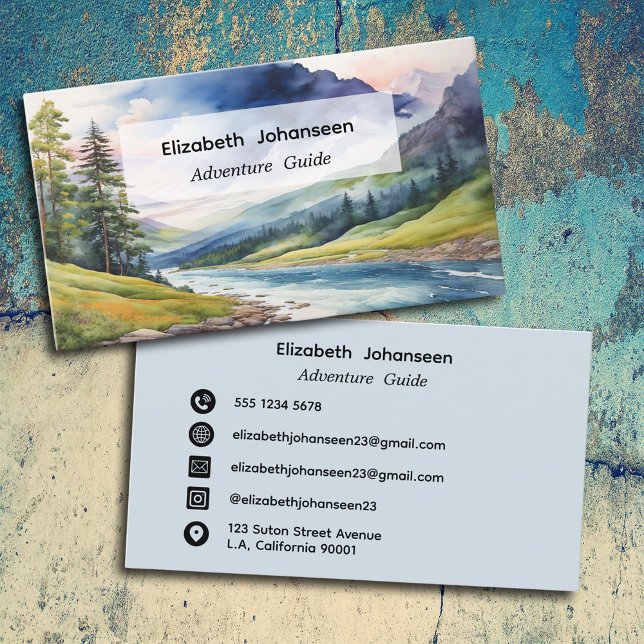 Adventure Guide Blue Watercolor Forest Mountain Visitenkarte (Von Creator hochgeladen)