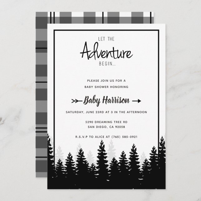 Adventure Invitation Baby Shower Babydusche Tree Einladung (Vorne/Hinten)