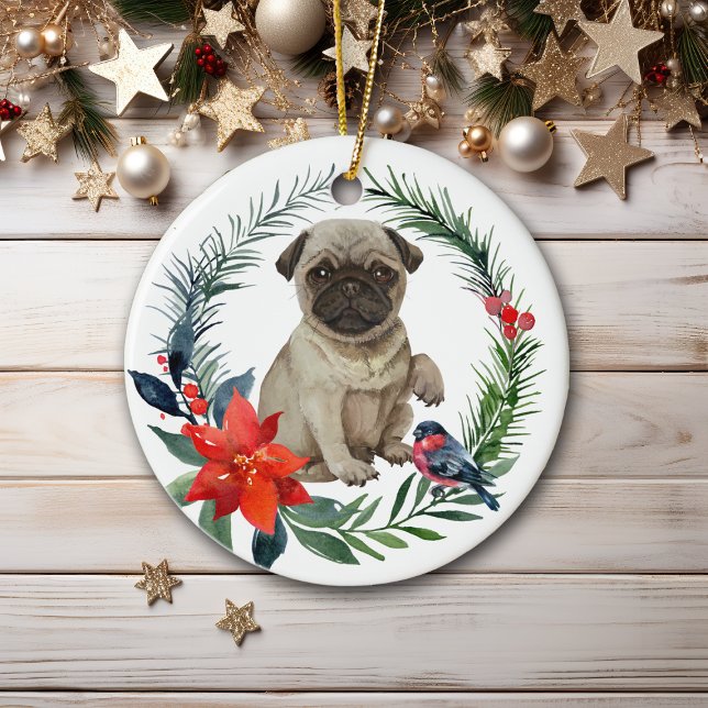 Adventure Mops Puppy Watercolor Poinsettia Keramik Ornament (Von Creator hochgeladen)