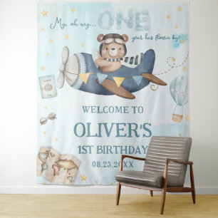 Adventure Niedlich Bear Blue Flugzeug Boy 1. Gebur Wandteppich