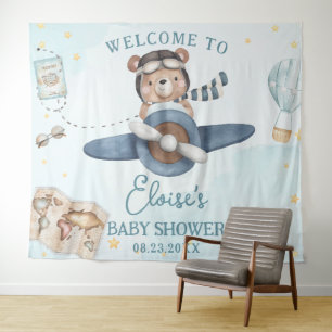 Adventure Niedlich Bear Blue Flugzeug Boy Baby Dus Wandteppich