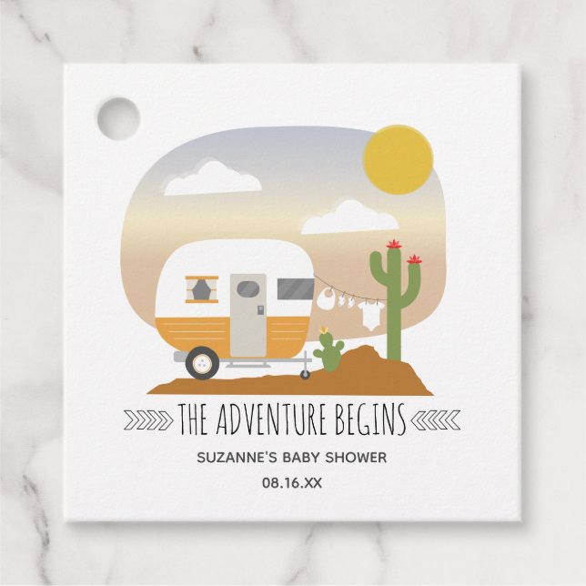 Adventure Orange Camper Clothesline Babydusche Geschenkanhänger (Vorderseite)