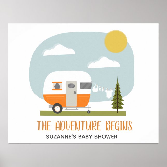 Adventure Orange Retro Camper Neutral Baby Dusche Poster (Vorne)