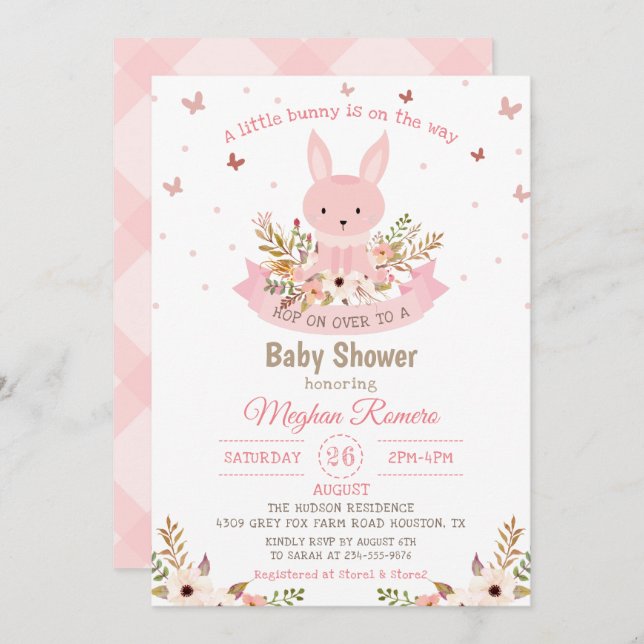 Adventure Pink Bunny mit Blume Babydusche Einladung (Vorne/Hinten)