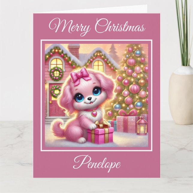 Adventure Pink Puppy zu Weihnachten Hütte Karte (Vorderseite)