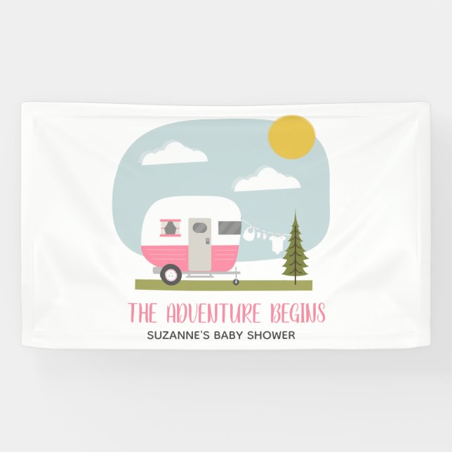 Adventure Pink Retro Camper Girl Babydusche Banner (Horizontal)