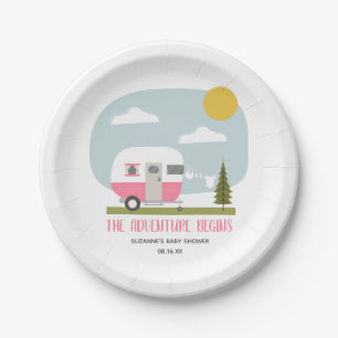 Adventure Pink Retro Camper Girl Babydusche Pappteller