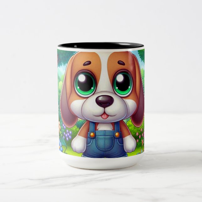 Adventure Puppy in Overalls Zweifarbige Tasse (Mittel)