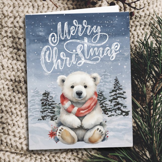 Adventure Red Scarf Polar Bear Weihnachtskarte Karte (Adorable Red Scarf Polar Bear Christmas Card)