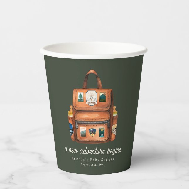 Adventure Rucksack + Flaschen Green Baby Dusche Pappbecher (Vorderseite)