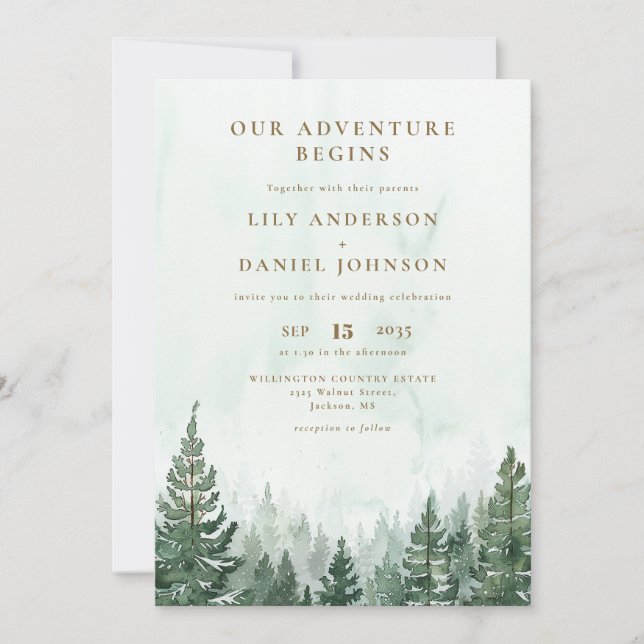 Adventure Rustic Pine Forest All In One Wedding Einladung (Vorderseite)