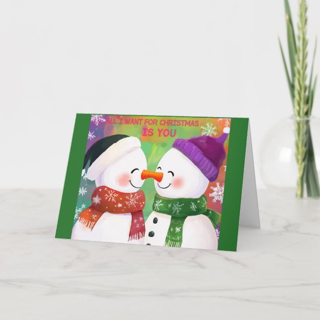 Adventure Snowman Couple Weihnachtskarte Karte (Vorderseite)