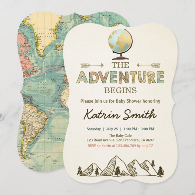 Adventure startet Baby Dusche Einladung Globe Kart (Vorne/Hinten)
