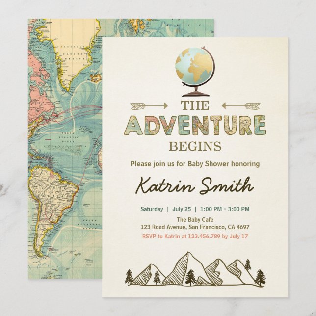 Adventure startet Baby Dusche Einladung Globe Kart (Vorne/Hinten)