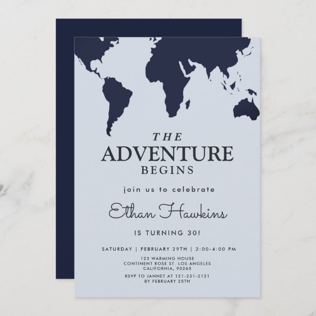 Adventure startet Geburtstag World Travel Map Erfo Einladung (Vorne/Hinten)