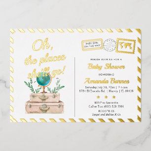 Adventure Travel Suitcases Baby Girl Dusche Gold Folieneinladung