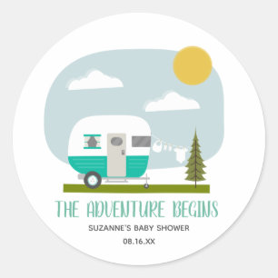 Adventure Turquoise Camper Clothesline Babydusche Runder Aufkleber