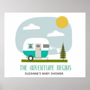Adventure Turquoise Retro Camper Girl Baby Dusche Poster