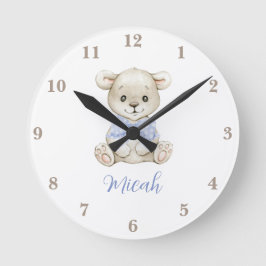 Adventure Watercolor Baby Bear Blue Bow Runde Wanduhr