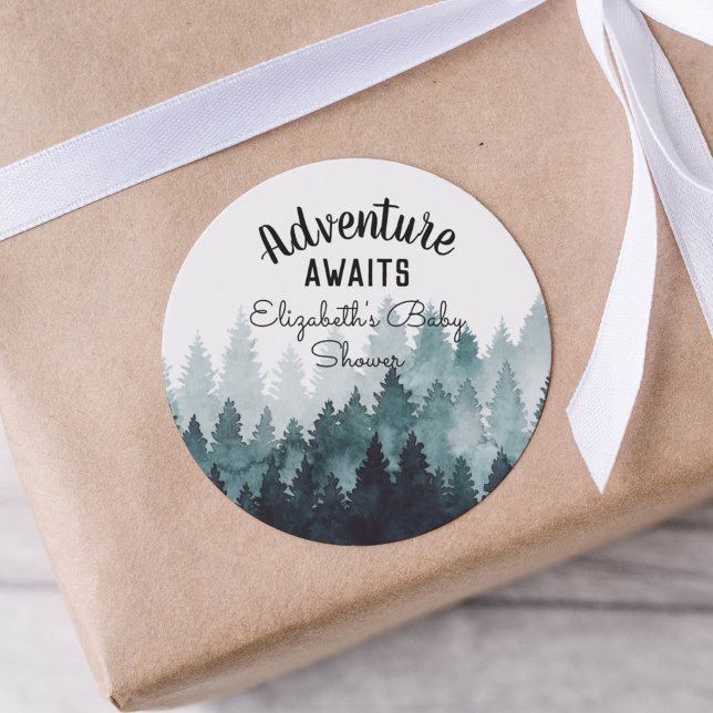 Adventure Watercolor Rustic Forest Baby Dusche Runder Aufkleber (Von Creator hochgeladen)