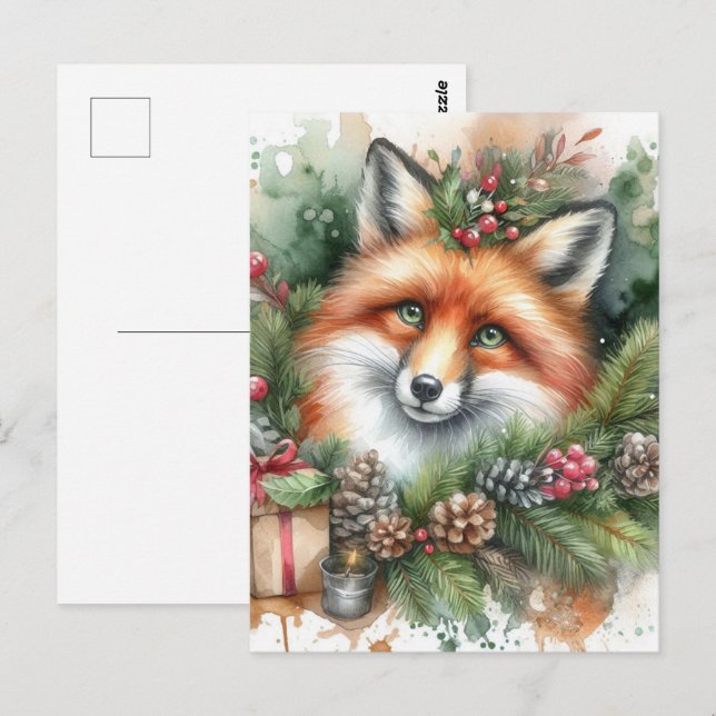 Adventure Watercolor Weihnachtsfox Postkarte (Vorne/Hinten)