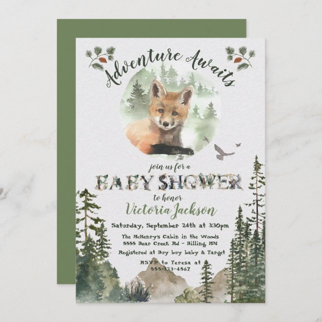 Adventure Woodland Baby Fox forest Baby Dusche Einladung (Vorne/Hinten)