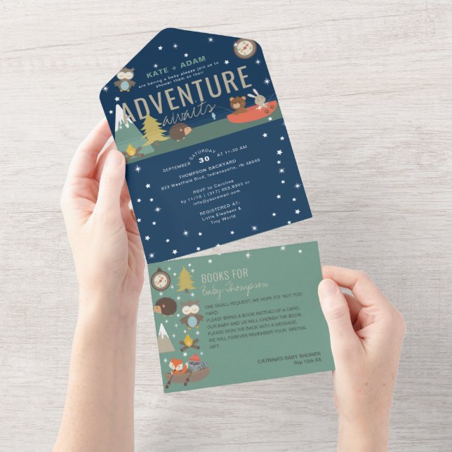 Adventure Woodland & Books Boy Navy Baby Shower All In One Einladung (Abreißen)
