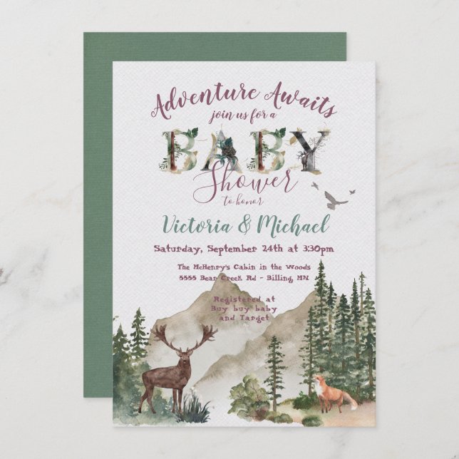 Adventure Woodland mountain forest Baby Shower Einladung (Vorne/Hinten)