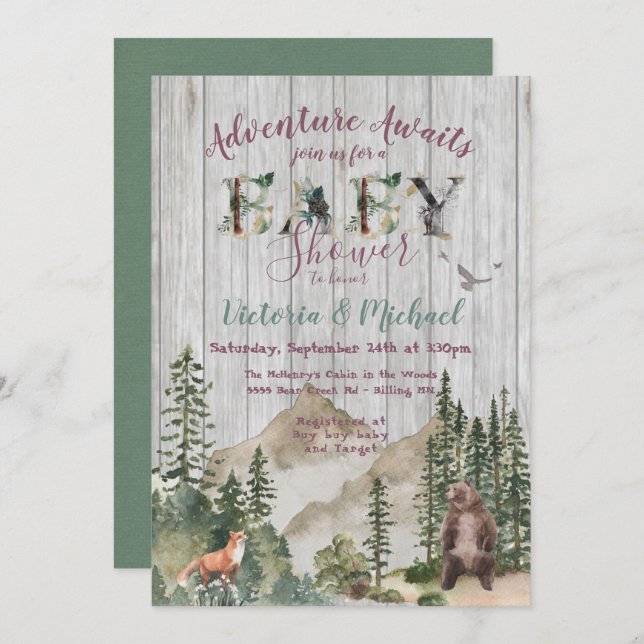 Adventure Woodland mountain forest Baby Shower Einladung (Vorne/Hinten)