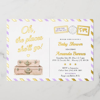 Adventure World Travel Baby Girl Lavender Gold Folieneinladung