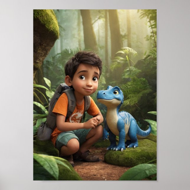Adventurous Boy und Friendly Dinosaurier Poster (Vorne)