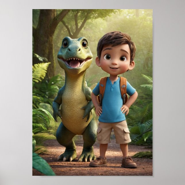 Adventurous Boy und Friendly Dinosaurier Poster (Vorne)