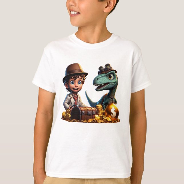 "Adventurous T-Rex and Boy Treasure Jäger" T-Shirt (Vorderseite)
