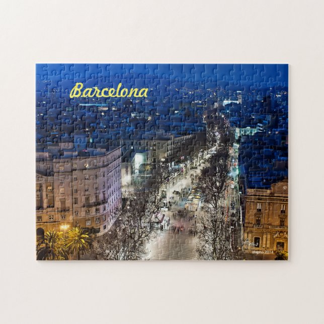 Aereal night view of die Allee in Barcelona, Puzzle (Horizontal)