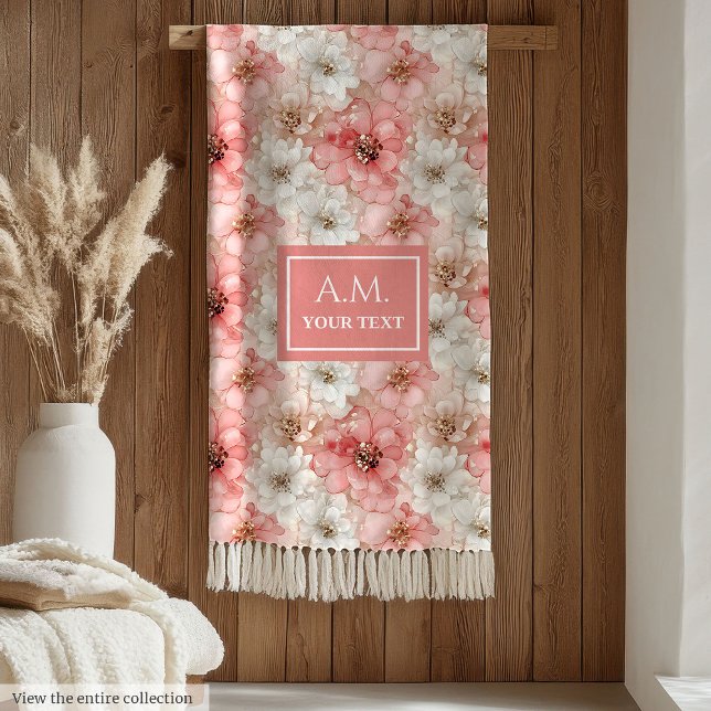 Aerial Pink and Gold Modern Ink Flowers Monogram Fleecedecke (Aerial Pink and Gold Modern Ink Flowers Monogram Fleece Blanket )