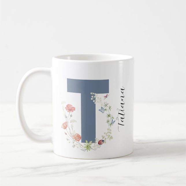 Aesfarbener Blumenbrief T Monogramm Kaffeetasse (Links)