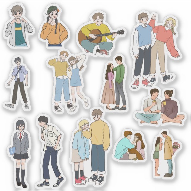 Aesthetic Anime Couple & Friends Casual Life Vinyl Aufkleber (Vorderseite)