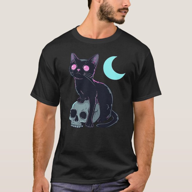 Aesthetic Anime Pastel Goth Witchy Cat With Skull  T-Shirt (Vorderseite)