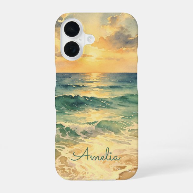 Aesthetic Beach Sunset Watercolor Custom Name iPhone 16 Hülle (Rückseite)