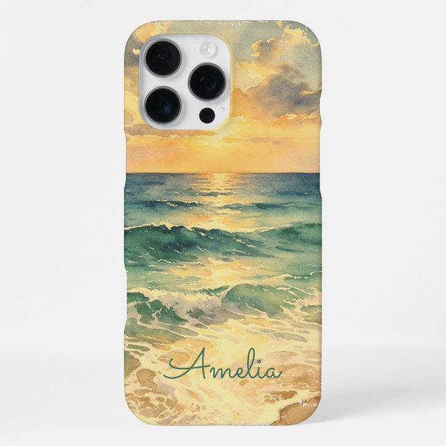 Aesthetic Beach Sunset Watercolor Custom Name iPhone Hülle (Rückseite)