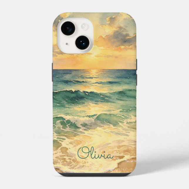 Aesthetic Beach Sunset Watercolor Custom Name iPhone Hülle (Rückseite)