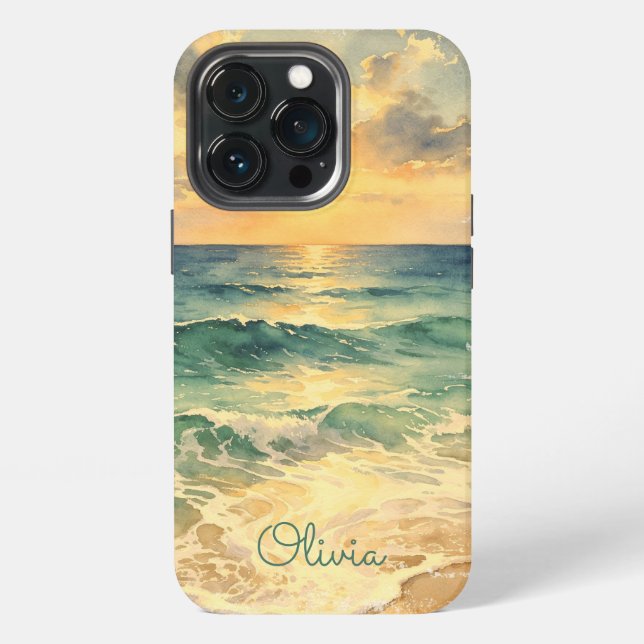 Aesthetic Beach Sunset Watercolor Custom Name iPhone Hülle (Hinten)