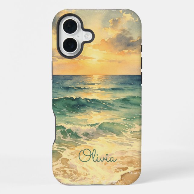 Aesthetic Beach Sunset Watercolor Custom Name iPhone Hülle (Rückseite)