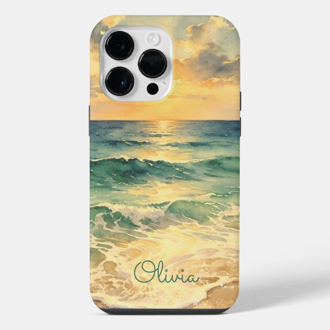 Aesthetic Beach Sunset Watercolor Custom Name iPhone Hülle (Rückseite)