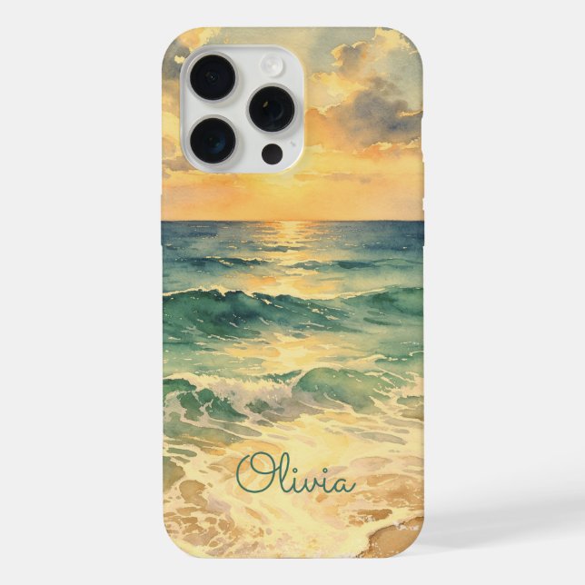 Aesthetic Beach Sunset Watercolor Custom Name iPhone Hülle (Rückseite)